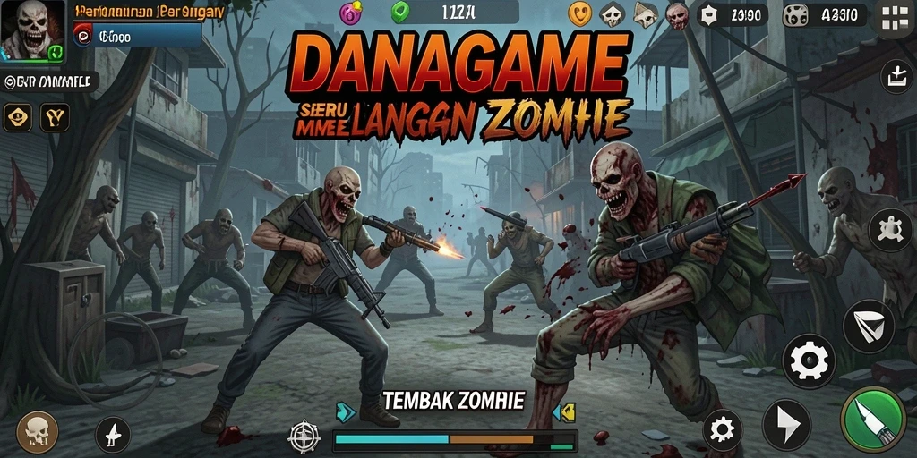 Antarmuka seru dalam DANAGAME menampilkan pertempuran melawan zombie.
